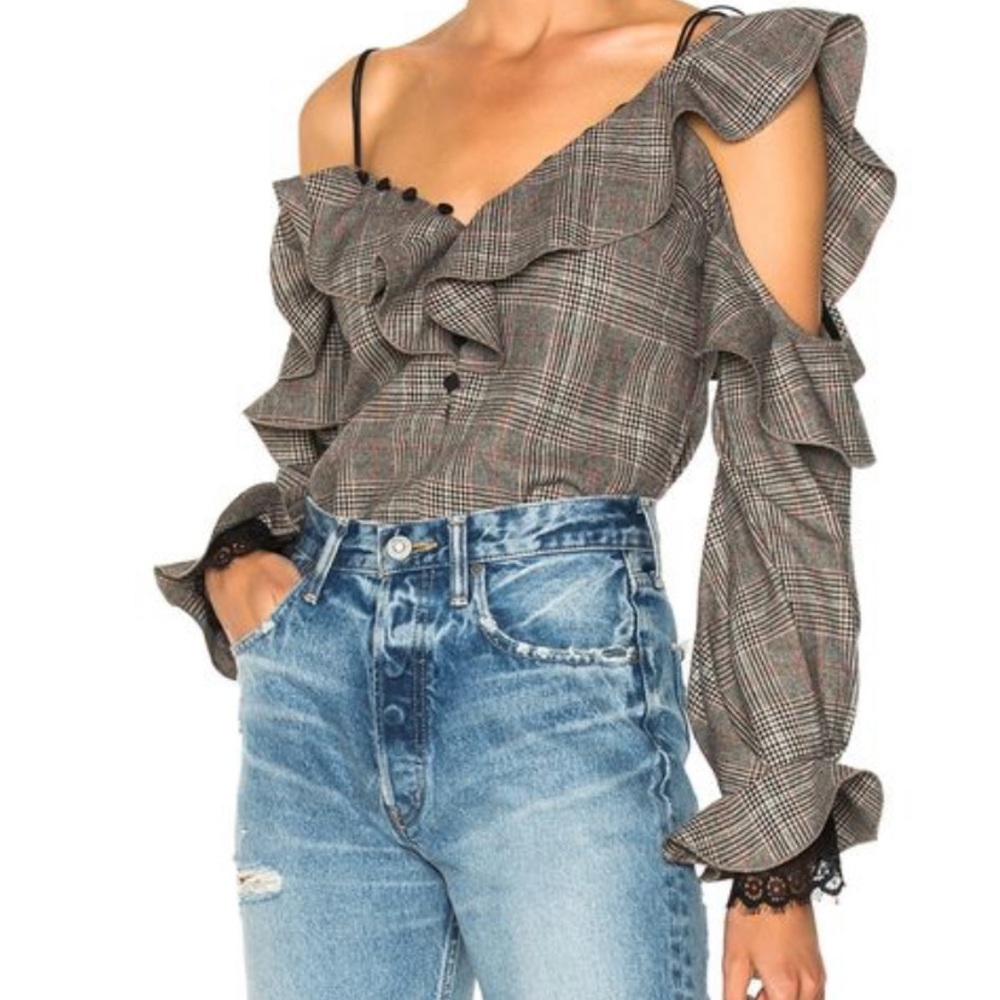 NWOT Self-Portrait Wool Check Off Shoulder Top